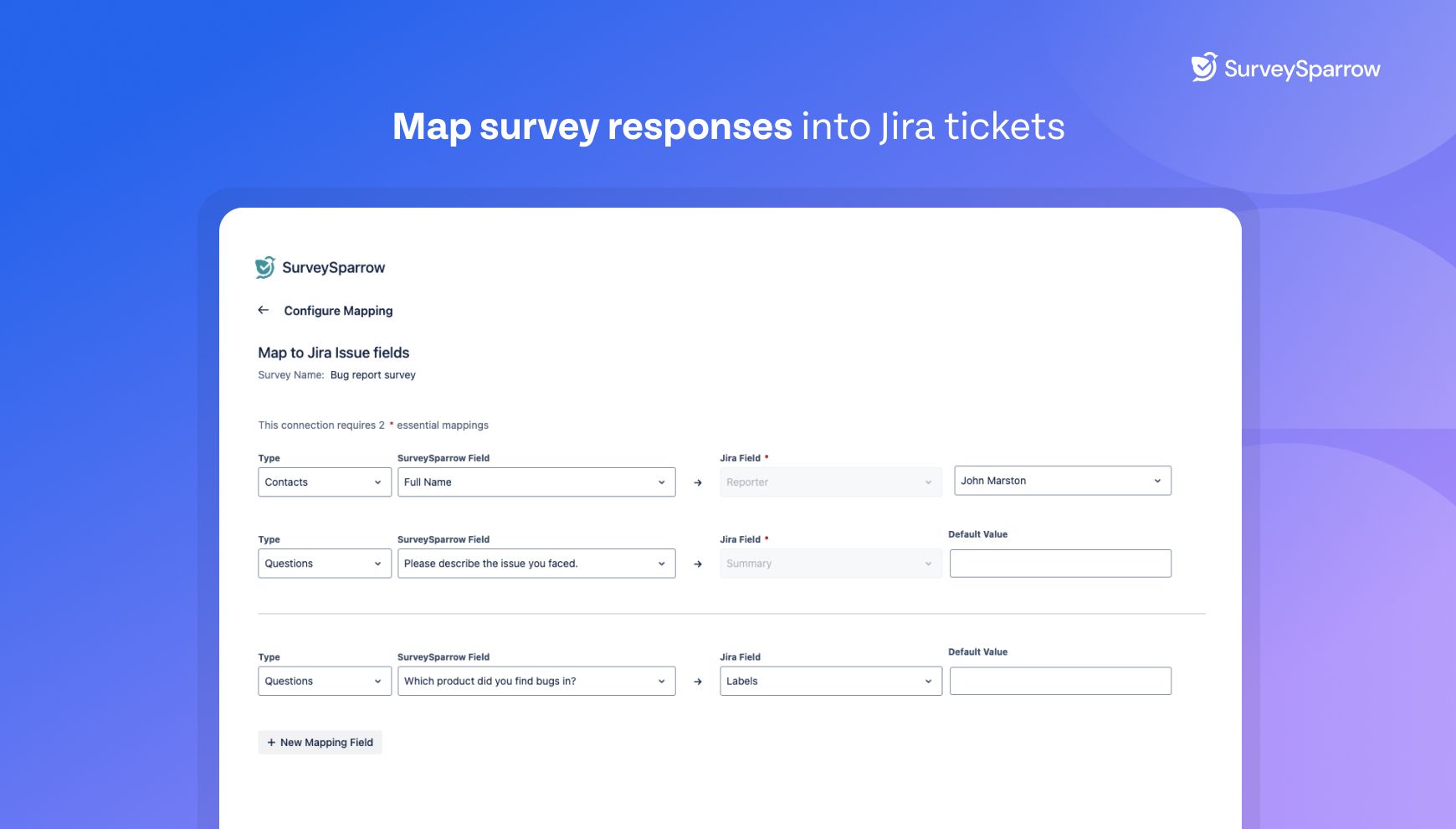 Map survey responses into fields inside Jira tickets to capture and organize customer feedback. Carry over the right amount of information from survey responses by adding as many mappings as needed.
