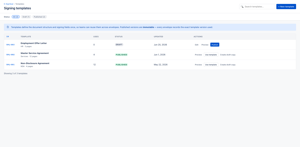 The signing templates library lists pre-configured templates for NDAs, SOWs, and MSAs and field placements set, ready to deploy to any Jira work item in one click.